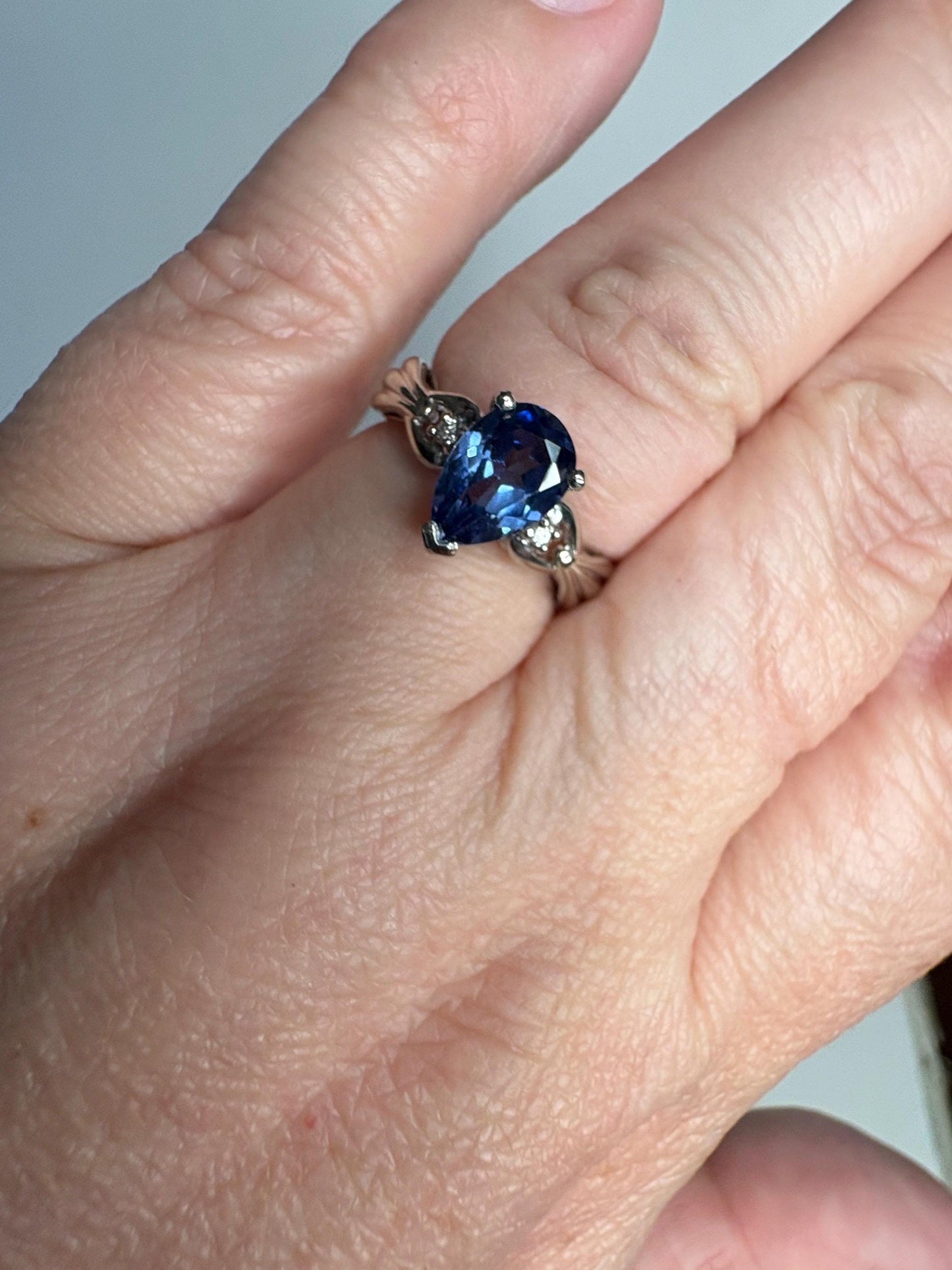 Blue Tanzanite Pear and Diamond Ring Solid 10k White Gold size 6 - NewLifeJewelryVault