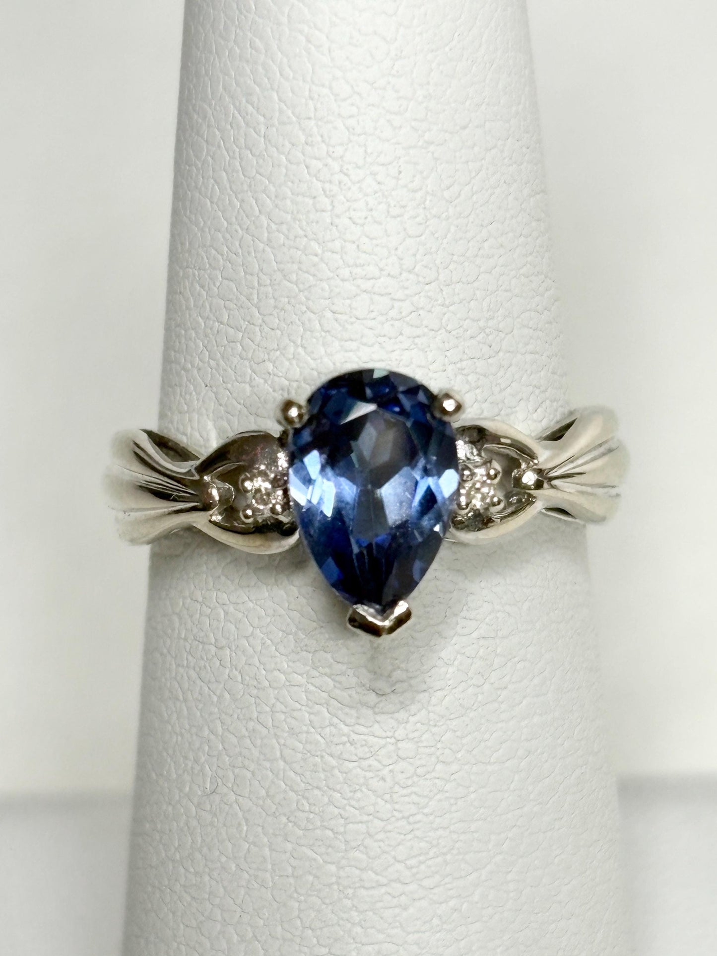 Blue Tanzanite Pear and Diamond Ring Solid 10k White Gold size 6 - NewLifeJewelryVault