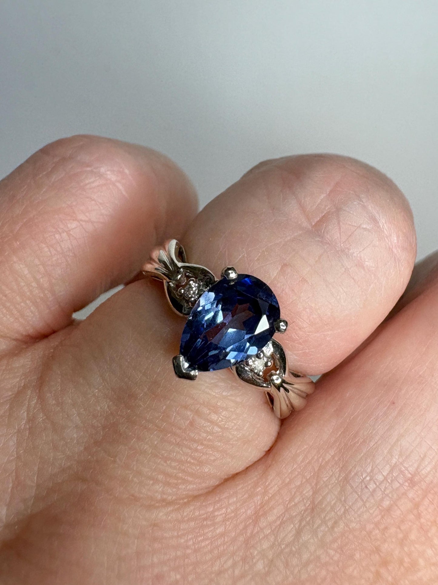 Blue Tanzanite Pear and Diamond Ring Solid 10k White Gold size 6 - NewLifeJewelryVault