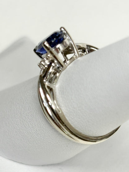 Blue Tanzanite Pear and Diamond Ring Solid 10k White Gold size 6 - NewLifeJewelryVault