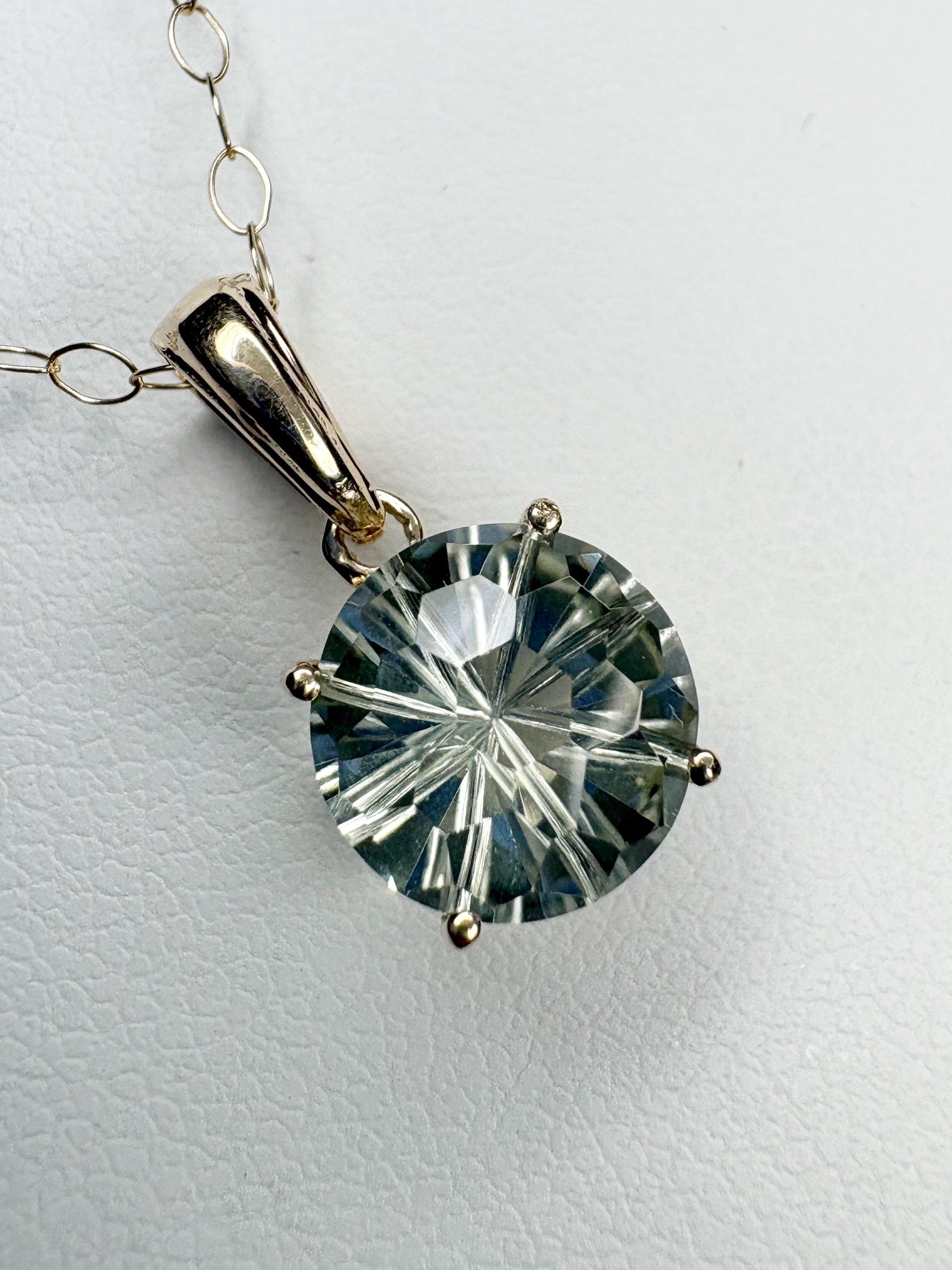 Fancy Cut Prasiolite Solitaire Pendant Necklace 9k Gold 16" - NewLifeJewelryVault