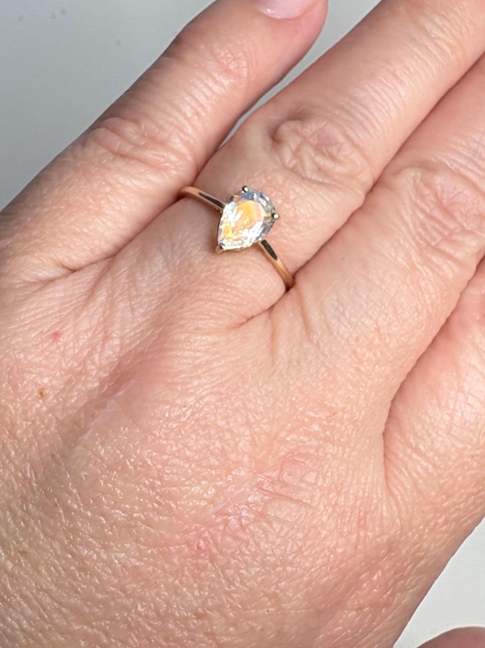 Madagascar Rainbow Moonstone Pear Solitaire Ring 9k Gold size 7 - NewLifeJewelryVault