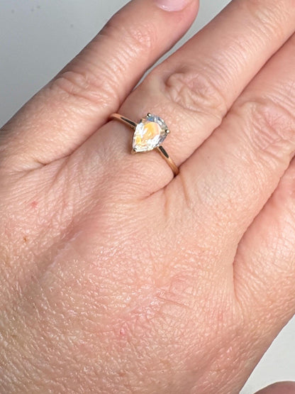 Madagascar Rainbow Moonstone Pear Solitaire Ring 9k Gold size 7 - NewLifeJewelryVault