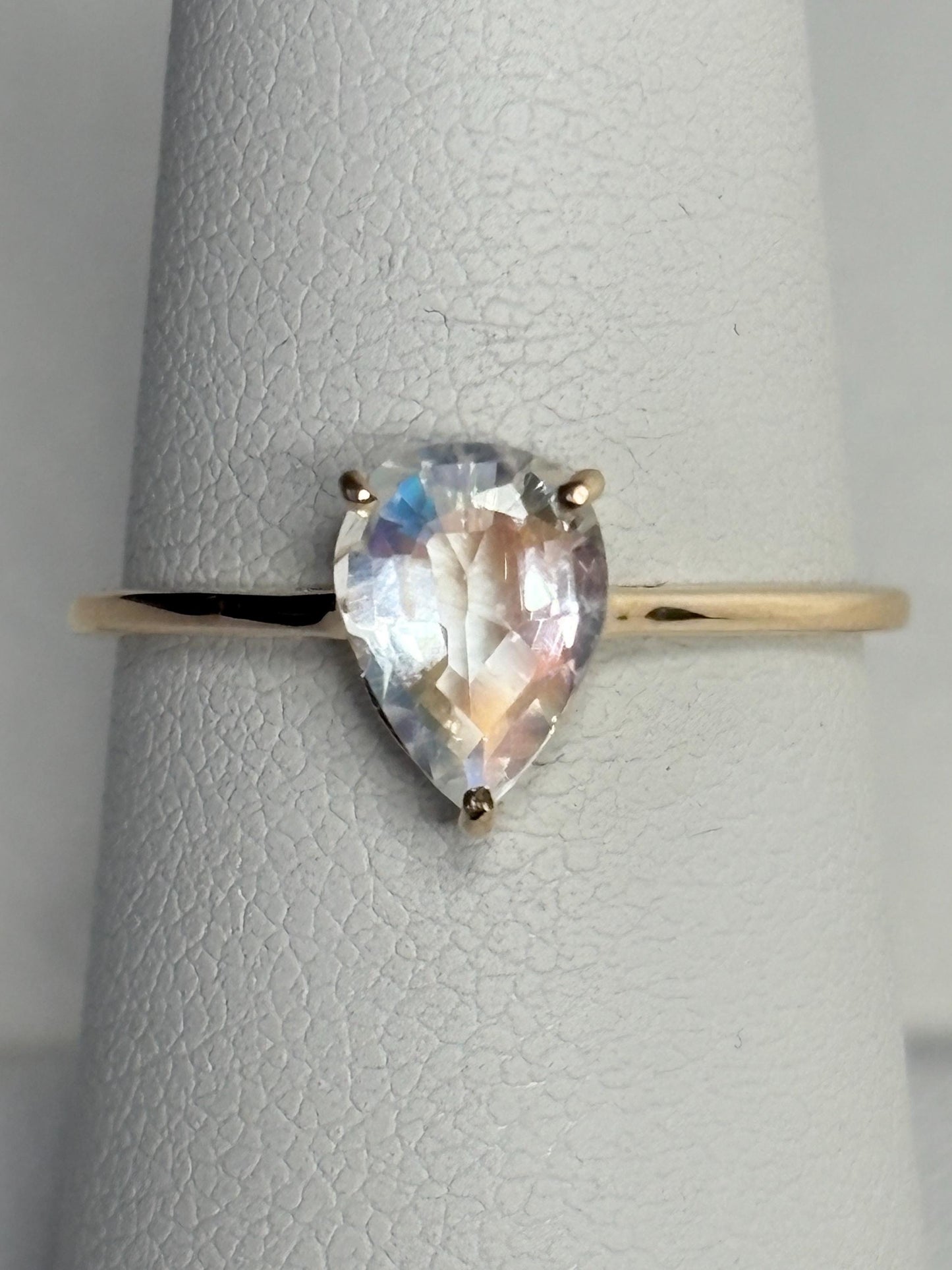 Madagascar Rainbow Moonstone Pear Solitaire Ring 9k Gold size 7 - NewLifeJewelryVault