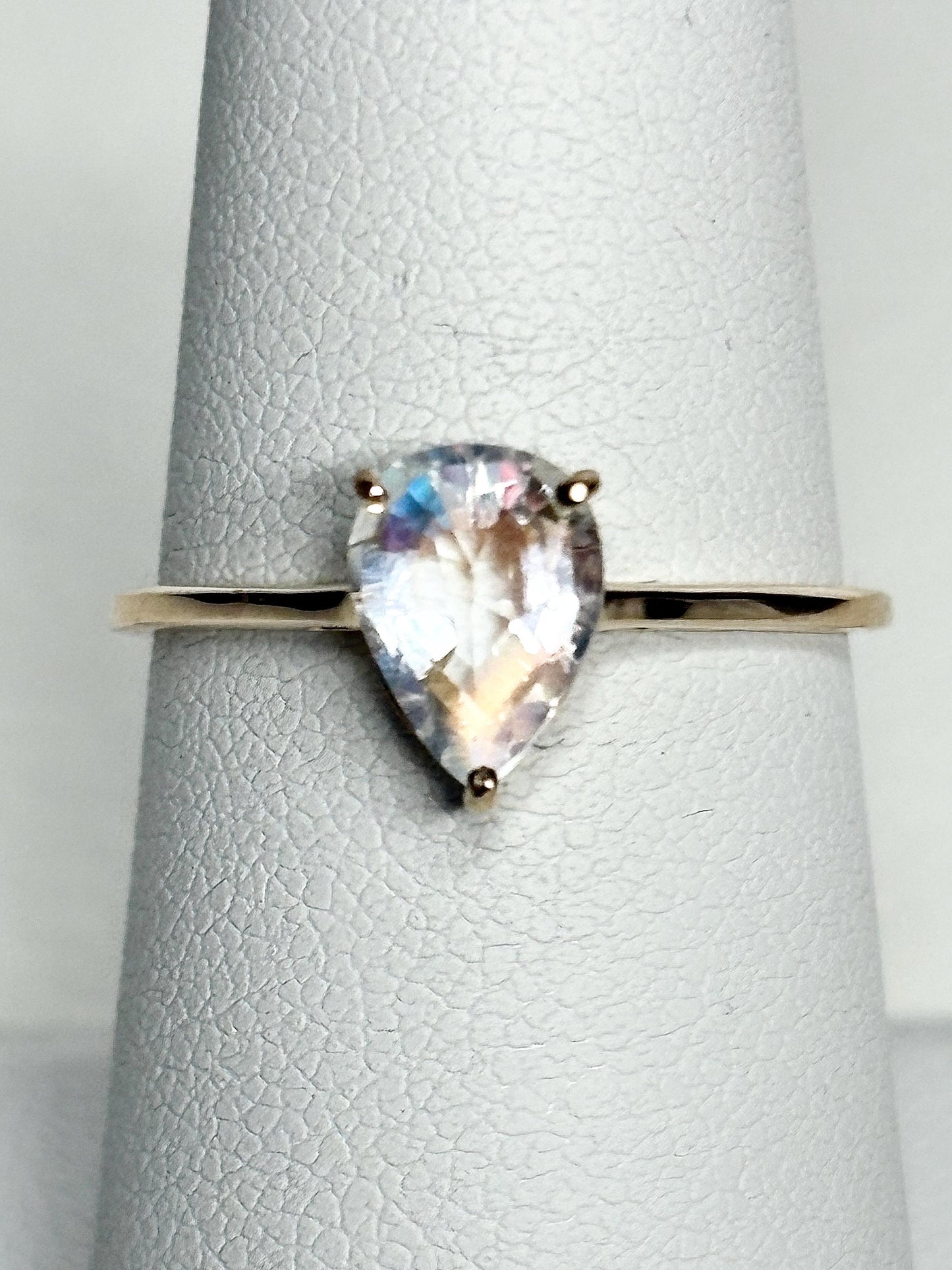 Madagascar Rainbow Moonstone Pear Solitaire Ring 9k Gold size 7 - NewLifeJewelryVault
