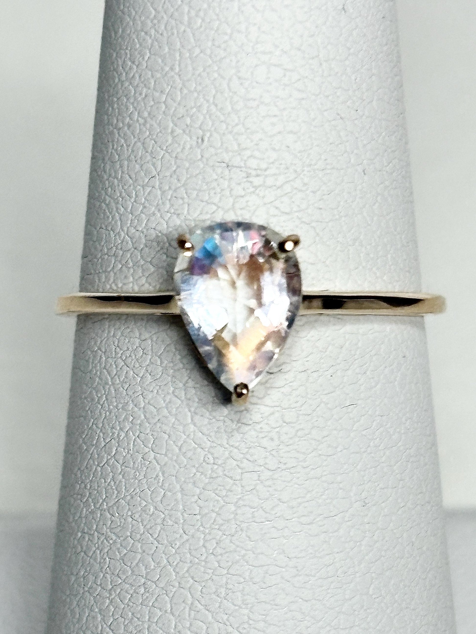 Madagascar Rainbow Moonstone Pear Solitaire Ring 9k Gold size 7 - NewLifeJewelryVault