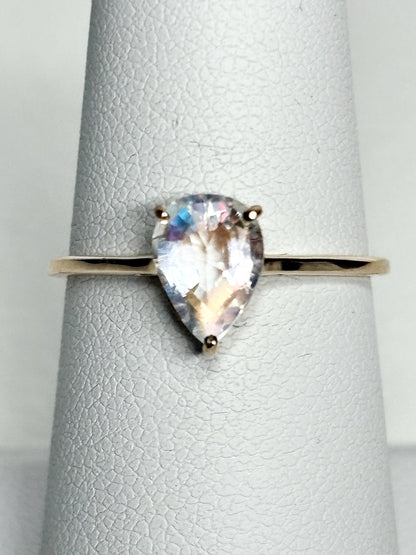 Madagascar Rainbow Moonstone Pear Solitaire Ring 9k Gold size 7 - NewLifeJewelryVault