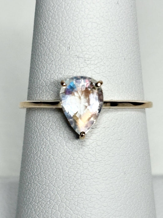 Madagascar Rainbow Moonstone Pear Solitaire Ring 9k Gold size 7 - NewLifeJewelryVault