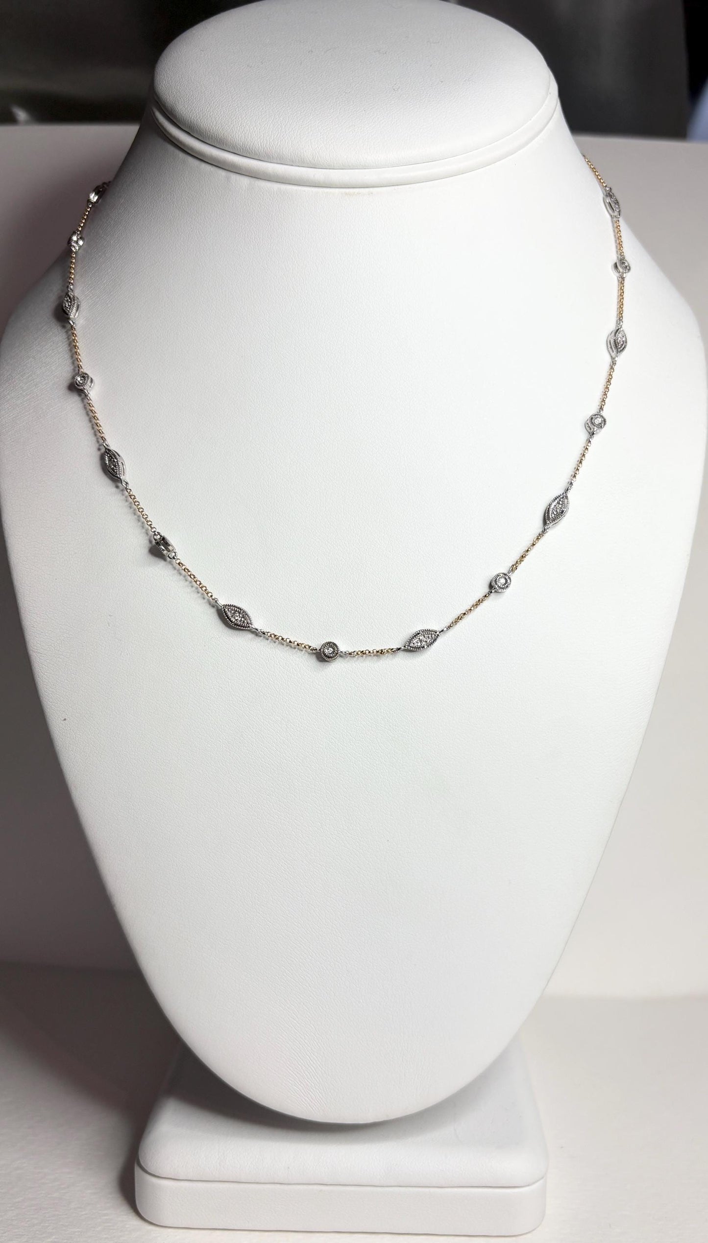Vintage Two Toned Diamond Milgrain Station Necklace 14k Gold 5g Adjustable 16/17/18" - NewLifeJewelryVault