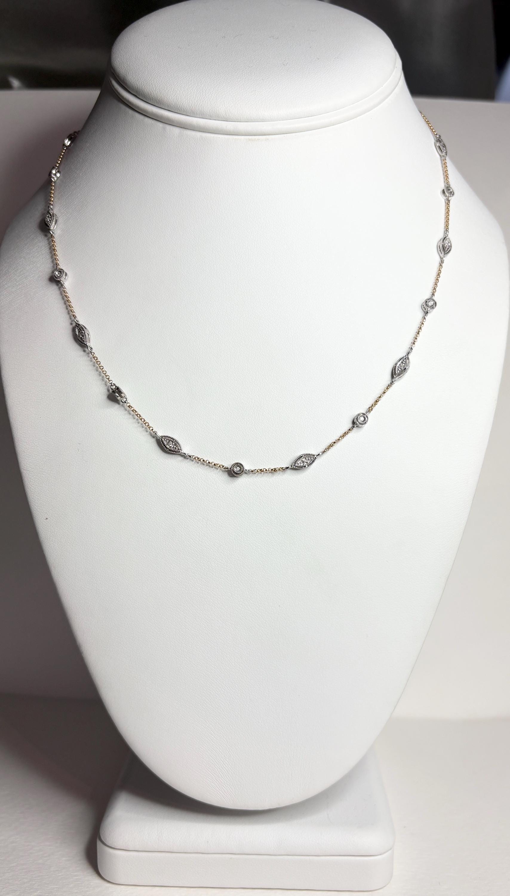 Vintage Two Toned Diamond Milgrain Station Necklace 14k Gold 5g Adjustable 16/17/18" - NewLifeJewelryVault