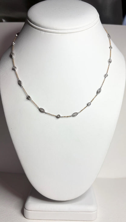 Vintage Two Toned Diamond Milgrain Station Necklace 14k Gold 5g Adjustable 16/17/18" - NewLifeJewelryVault