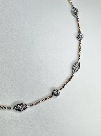 Vintage Two Toned Diamond Milgrain Station Necklace 14k Gold 5g Adjustable 16/17/18" - NewLifeJewelryVault