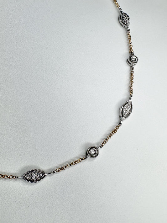 Vintage Two Toned Diamond Milgrain Station Necklace 14k Gold 5g Adjustable 16/17/18" - NewLifeJewelryVault