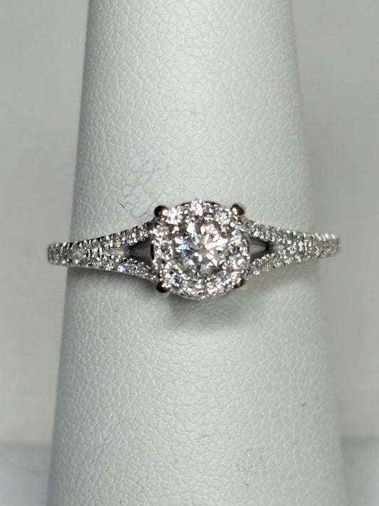 Diamond Halo Split Shank Ring Solid 14k White Gold 2.4g size 6.5 - NewLifeJewelryVault