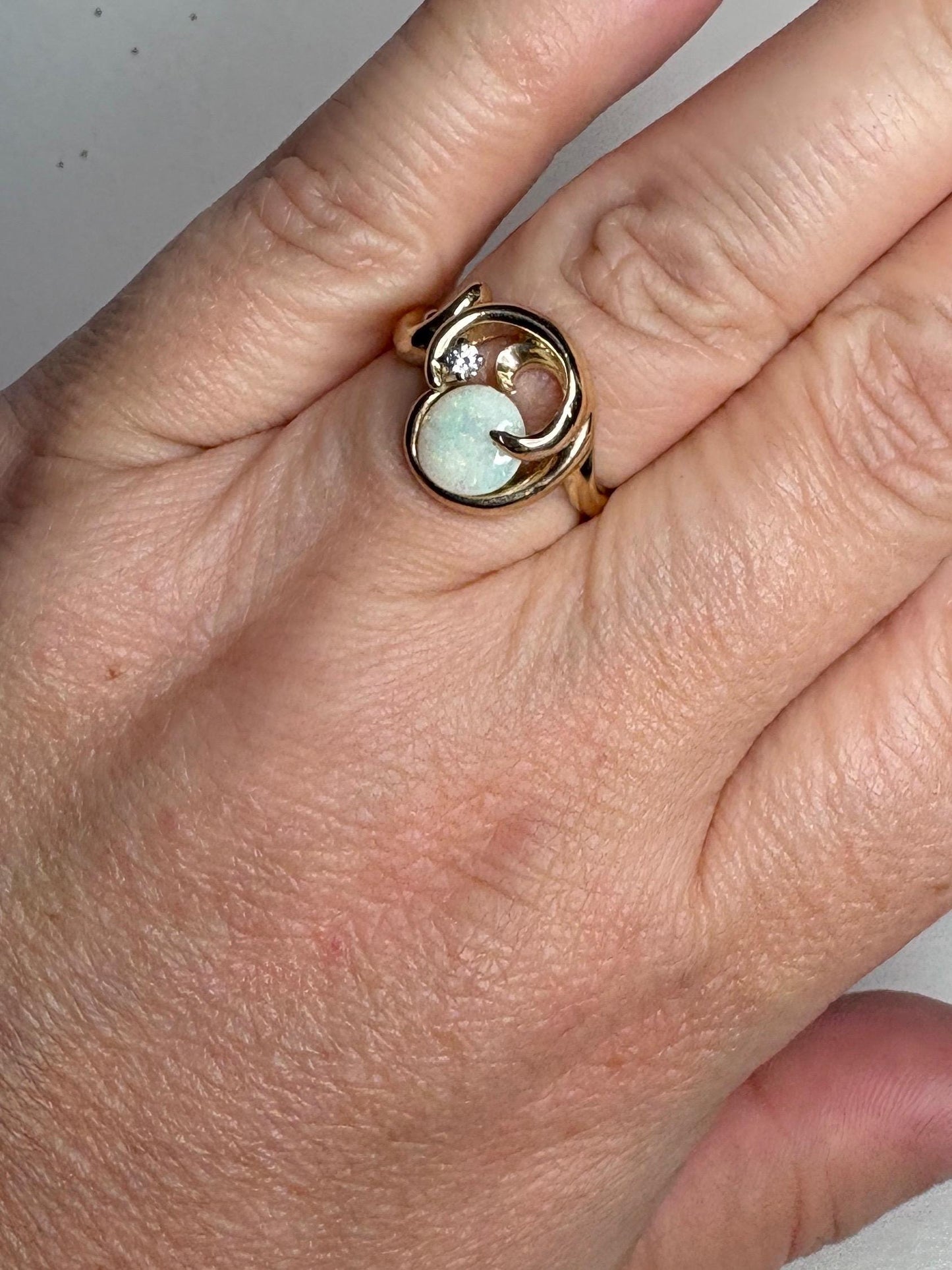 Australian Opal and Diamond Free-form Ring Solid 14k Gold 5g size 7.5 - NewLifeJewelryVault