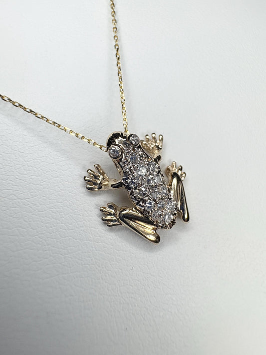 Diamond Pave FROG Pendant Adjustable Necklace 14k Gold 16-18" - NewLifeJewelryVault