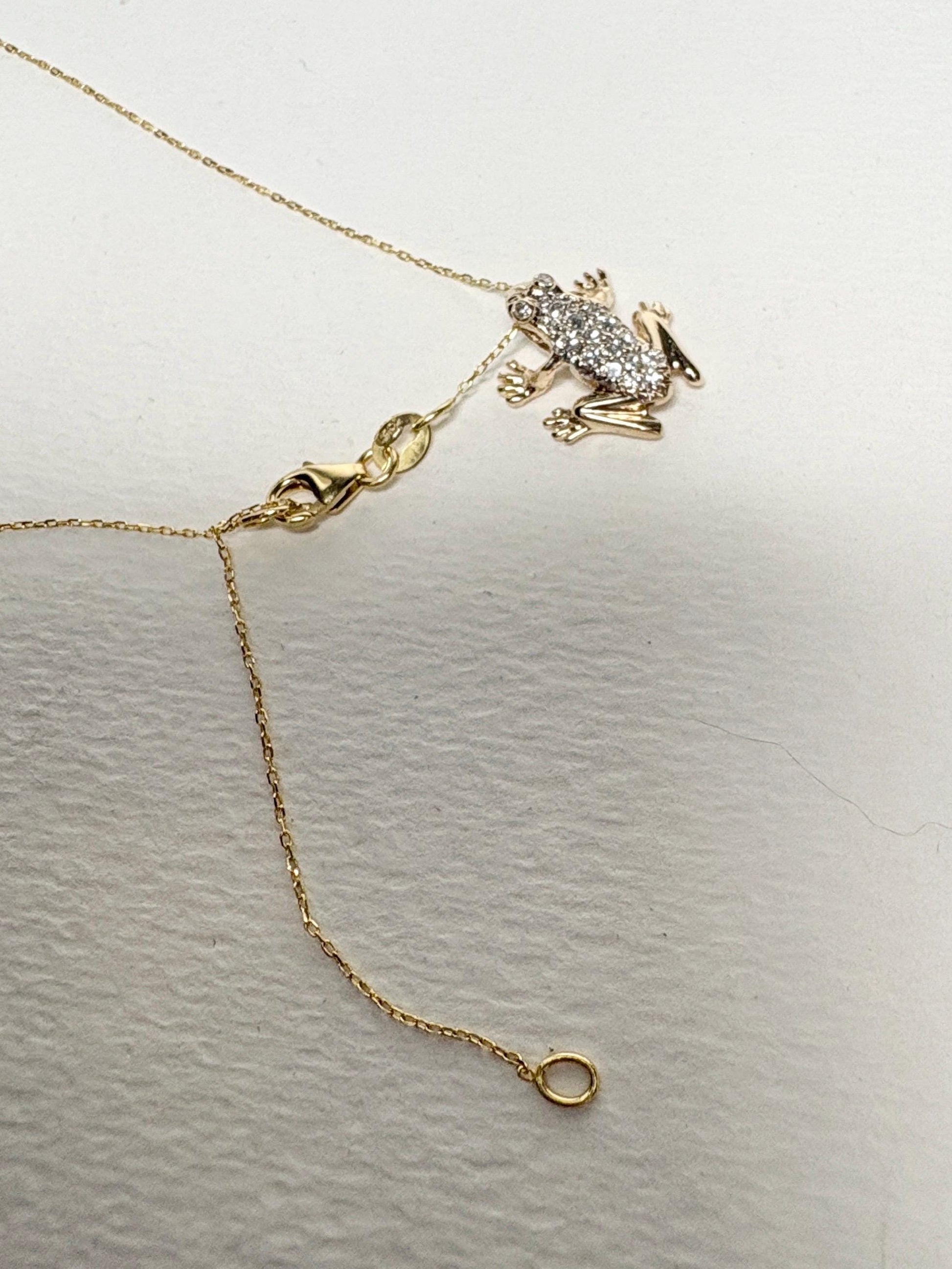 Diamond Pave FROG Pendant Adjustable Necklace 14k Gold 16-18" - NewLifeJewelryVault