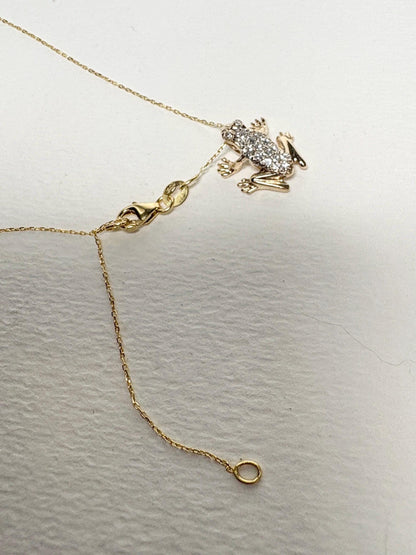 Diamond Pave FROG Pendant Adjustable Necklace 14k Gold 16-18" - NewLifeJewelryVault