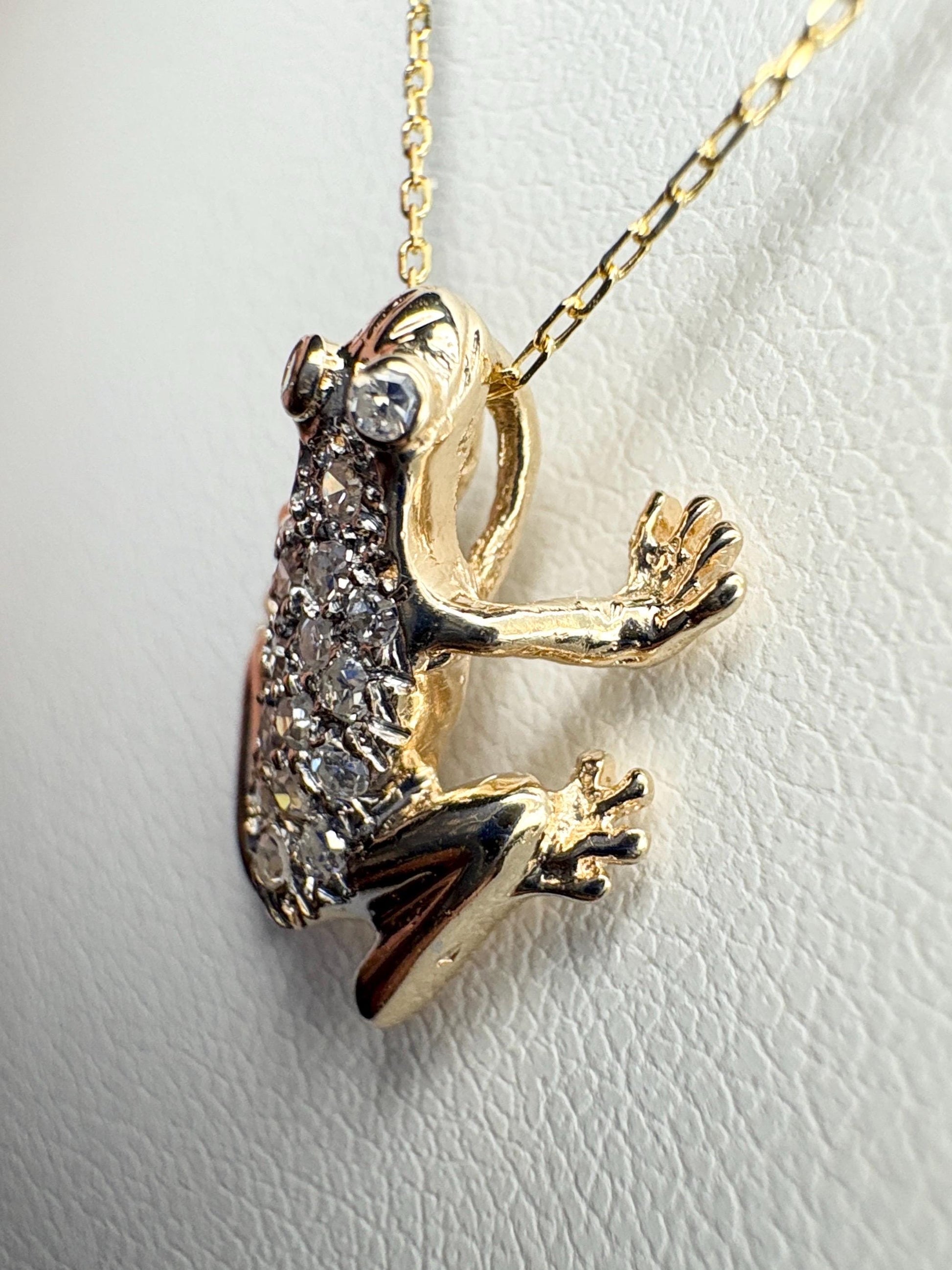 Diamond Pave FROG Pendant Adjustable Necklace 14k Gold 16-18" - NewLifeJewelryVault