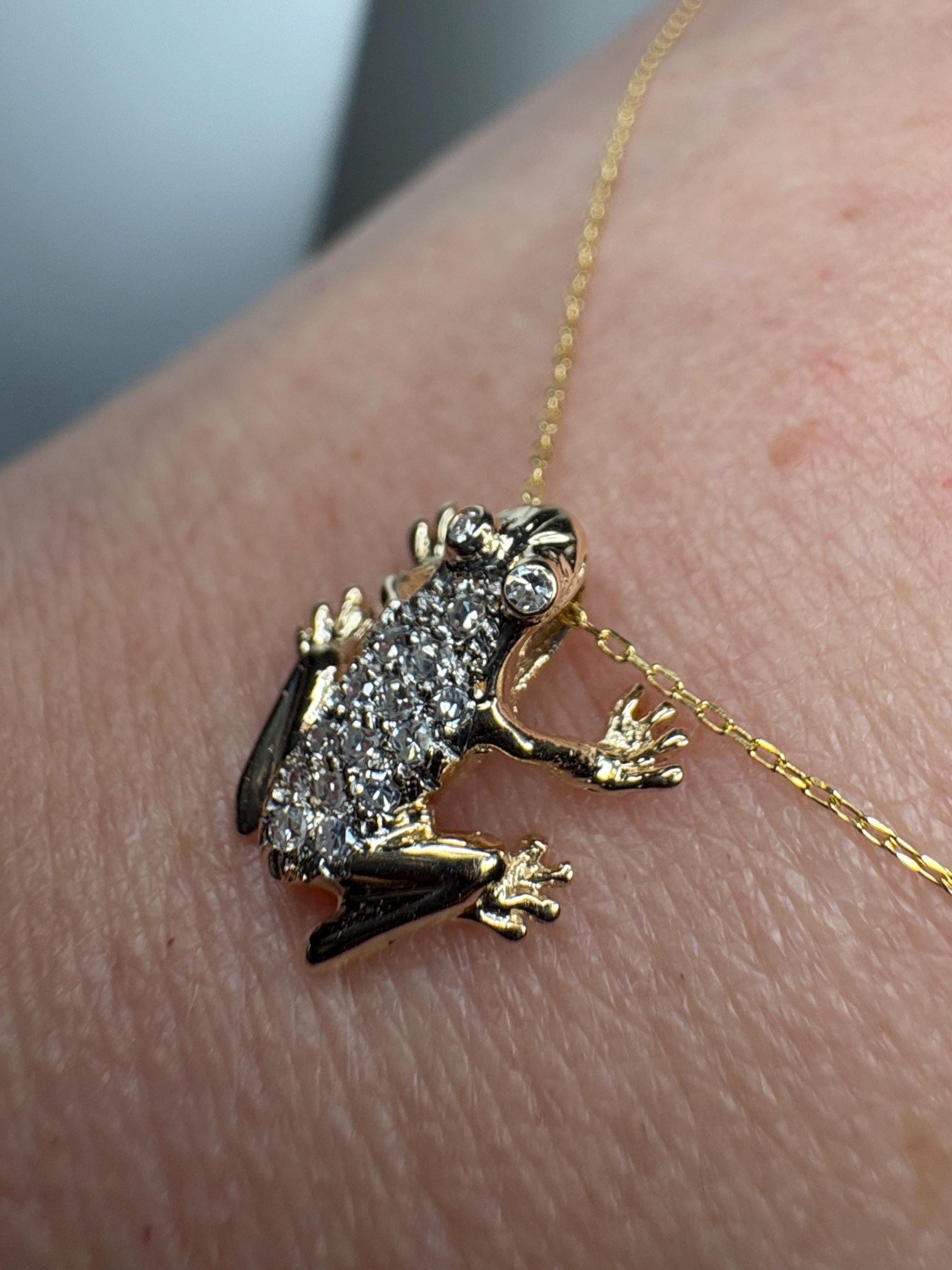 Diamond Pave FROG Pendant Adjustable Necklace 14k Gold 16-18" - NewLifeJewelryVault