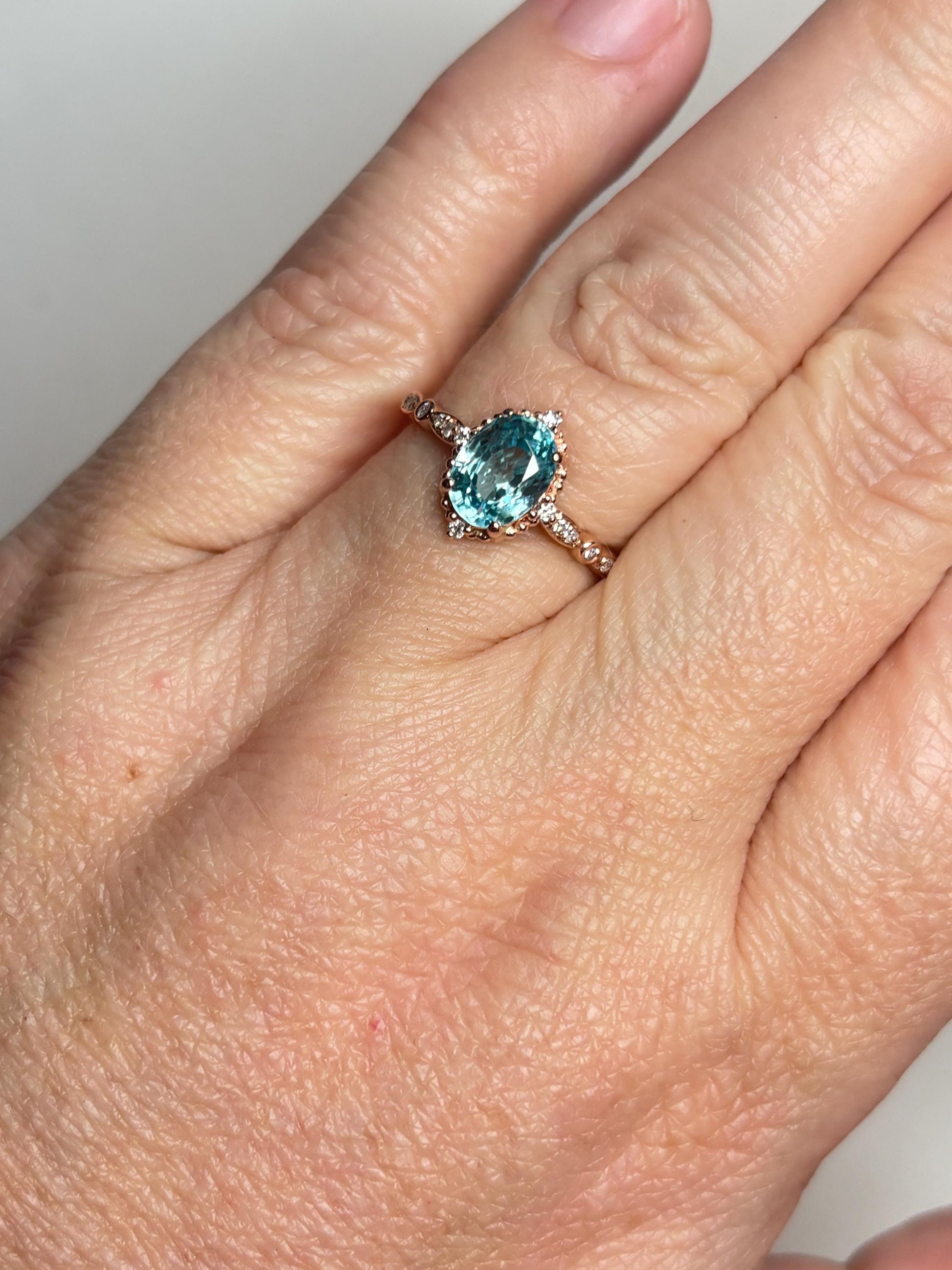 Blue Zircon and Diamond Halo Milgrain Ring in 14k Rose Gold size 6.75 - NewLifeJewelryVault