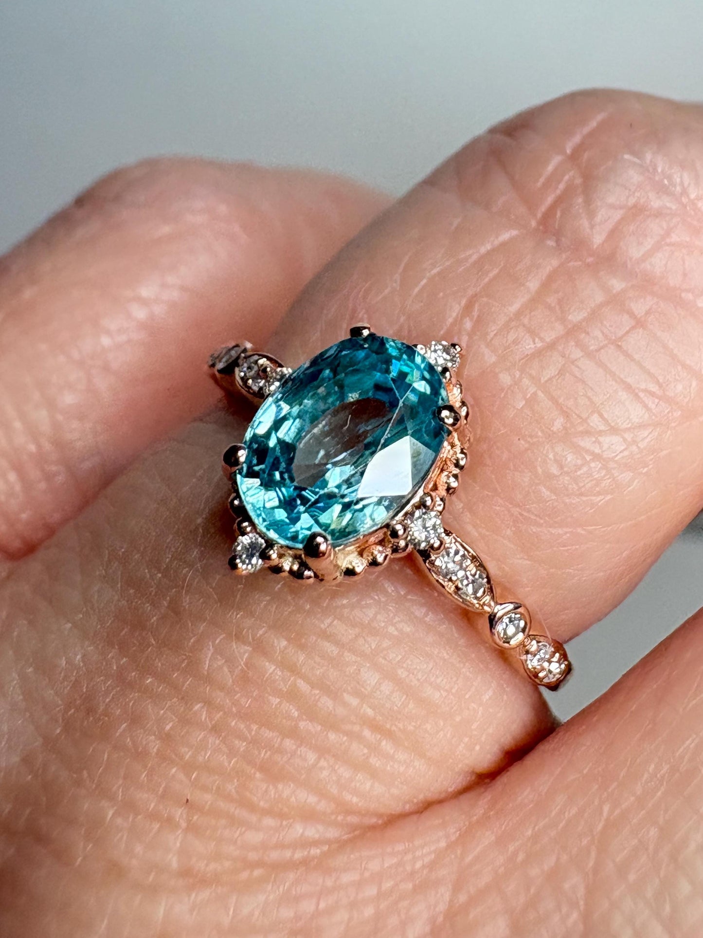 Blue Zircon and Diamond Halo Milgrain Ring in 14k Rose Gold size 6.75 - NewLifeJewelryVault