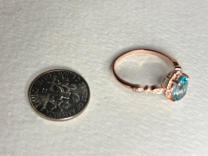 Blue Zircon and Diamond Halo Milgrain Ring in 14k Rose Gold size 6.75 - NewLifeJewelryVault