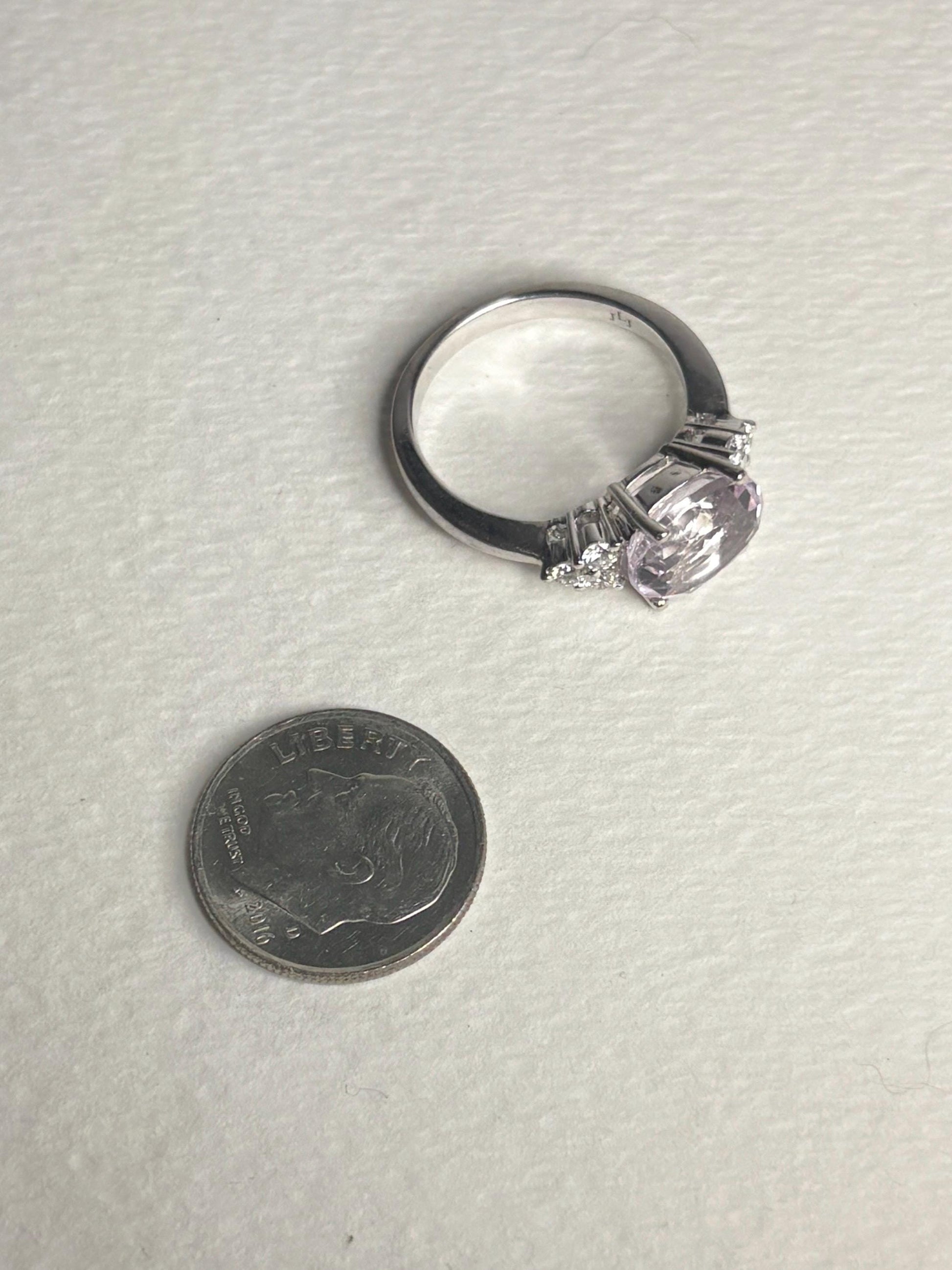 Kunzite and Diamond East West Set Ring Solid 14k White Gold size 6.75 - NewLifeJewelryVault