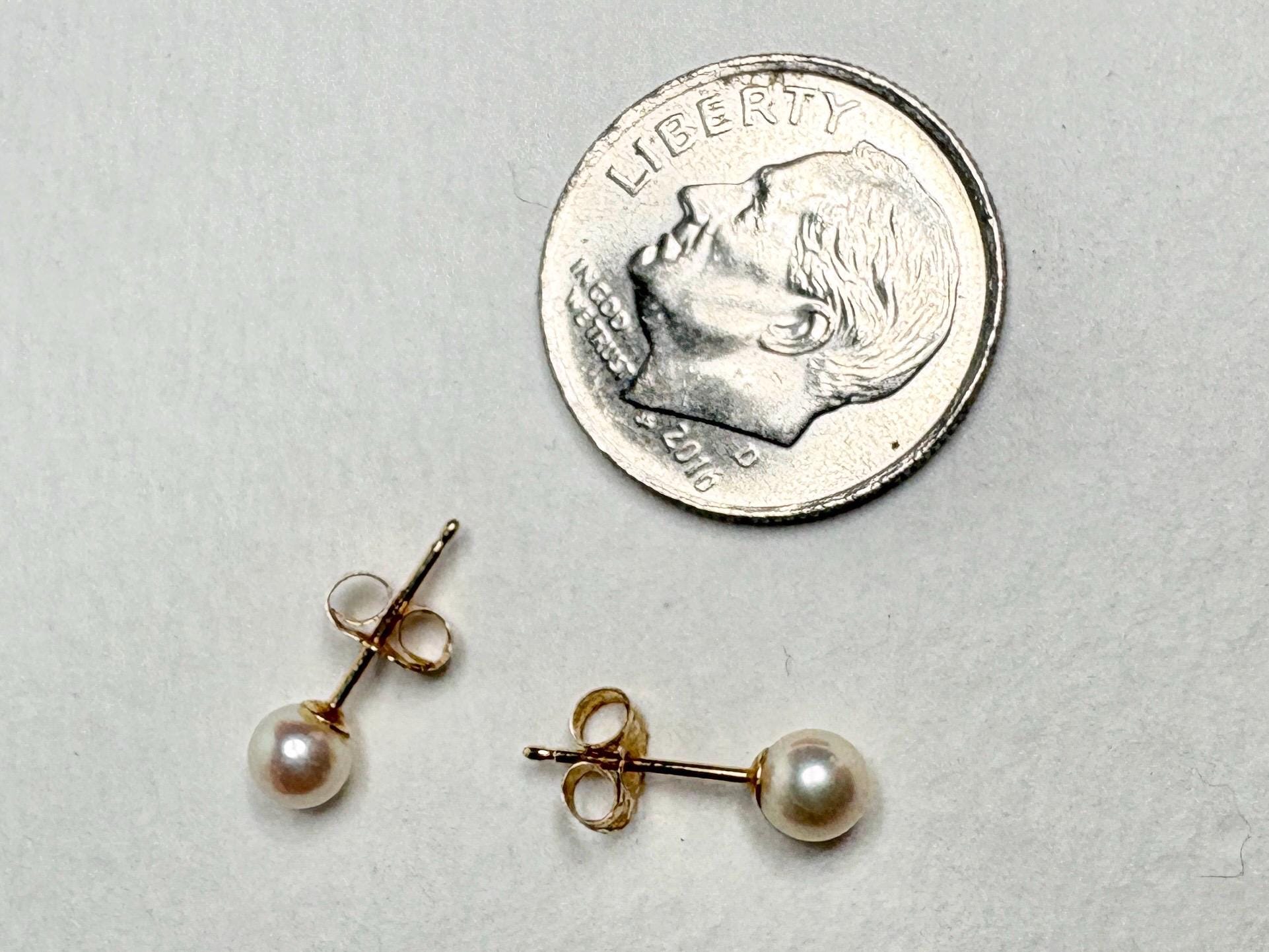 Cream Japanese Akoya Pearl Stud Earrings in 14k Gold 4.2mm - NewLifeJewelryVault