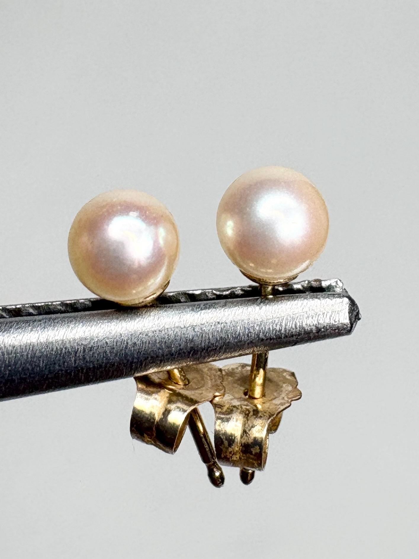 Cream Japanese Akoya Pearl Stud Earrings in 14k Gold 4.2mm - NewLifeJewelryVault