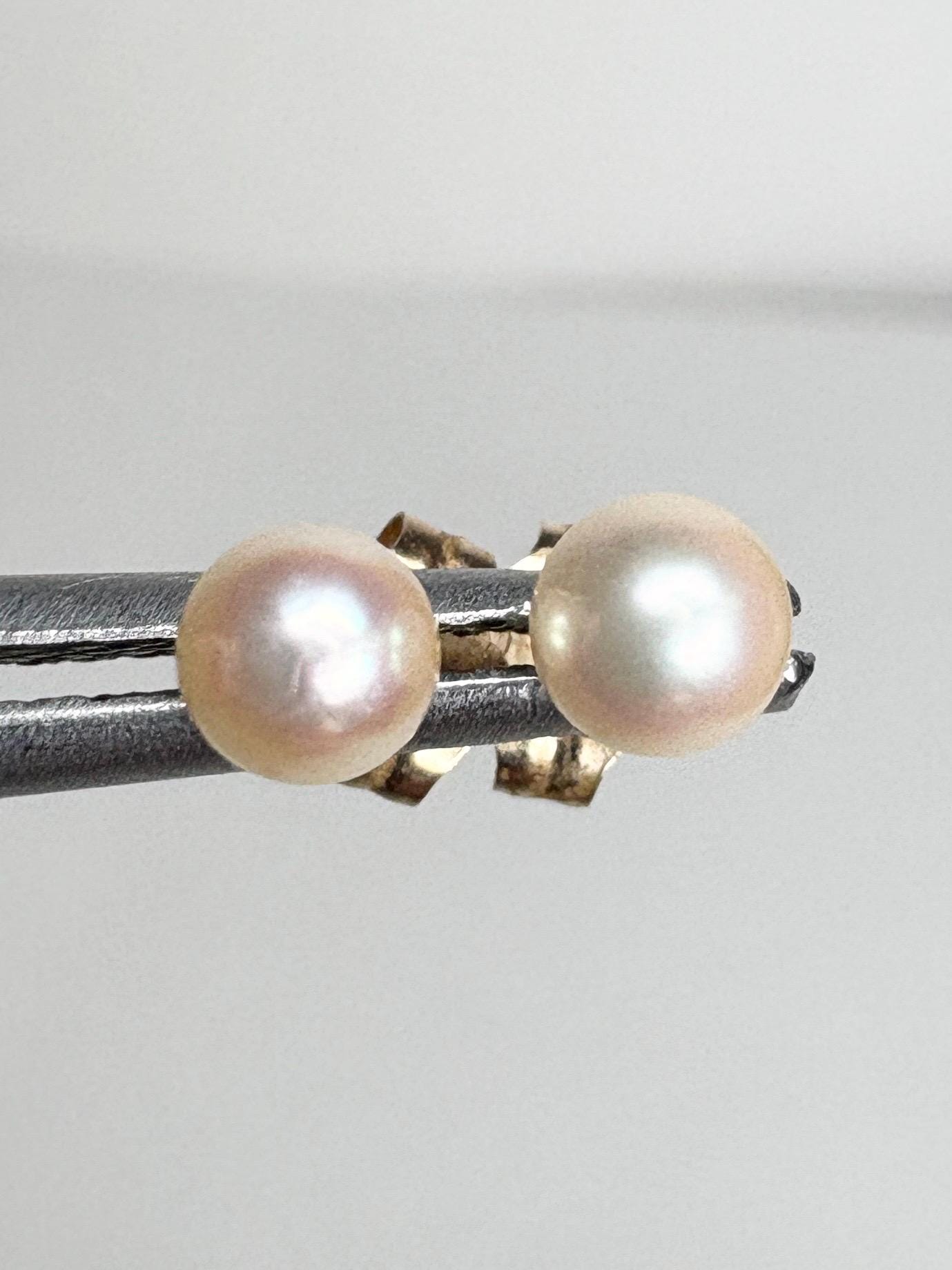 Cream Japanese Akoya Pearl Stud Earrings in 14k Gold 4.2mm - NewLifeJewelryVault