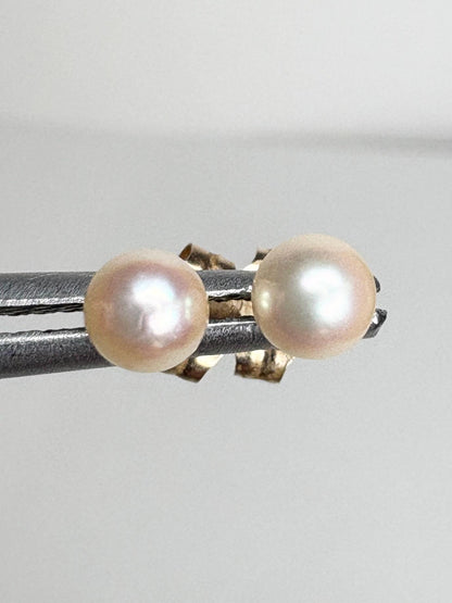 Cream Japanese Akoya Pearl Stud Earrings in 14k Gold 4.2mm - NewLifeJewelryVault