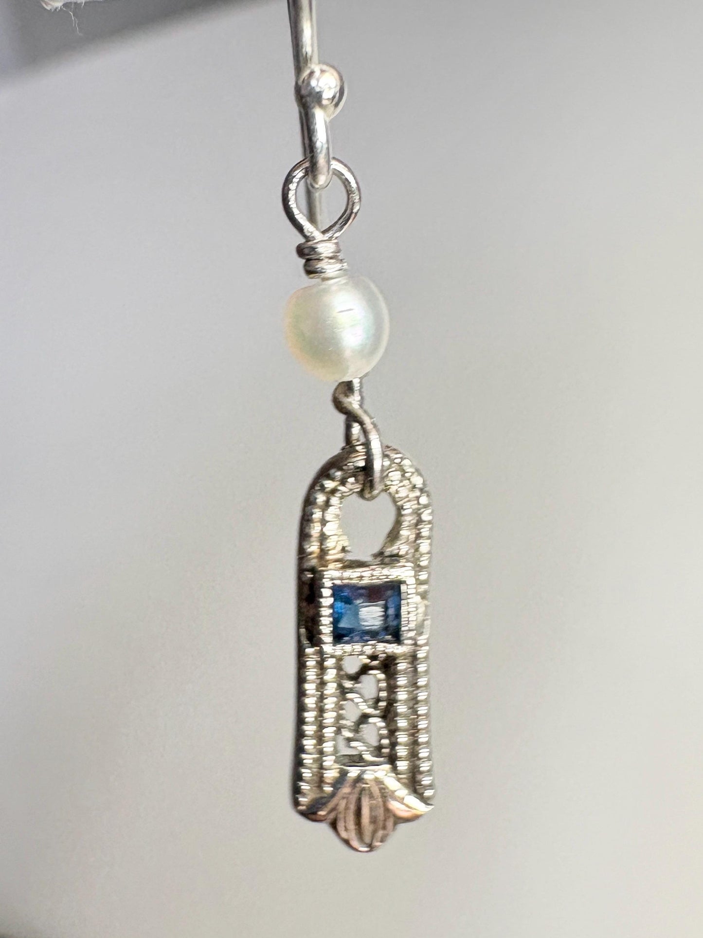 Antique Dangle Drop Earrings Blue Stone and Akoya Pearls in Solid 10k Gold with Sterling Silver - NewLifeJewelryVault