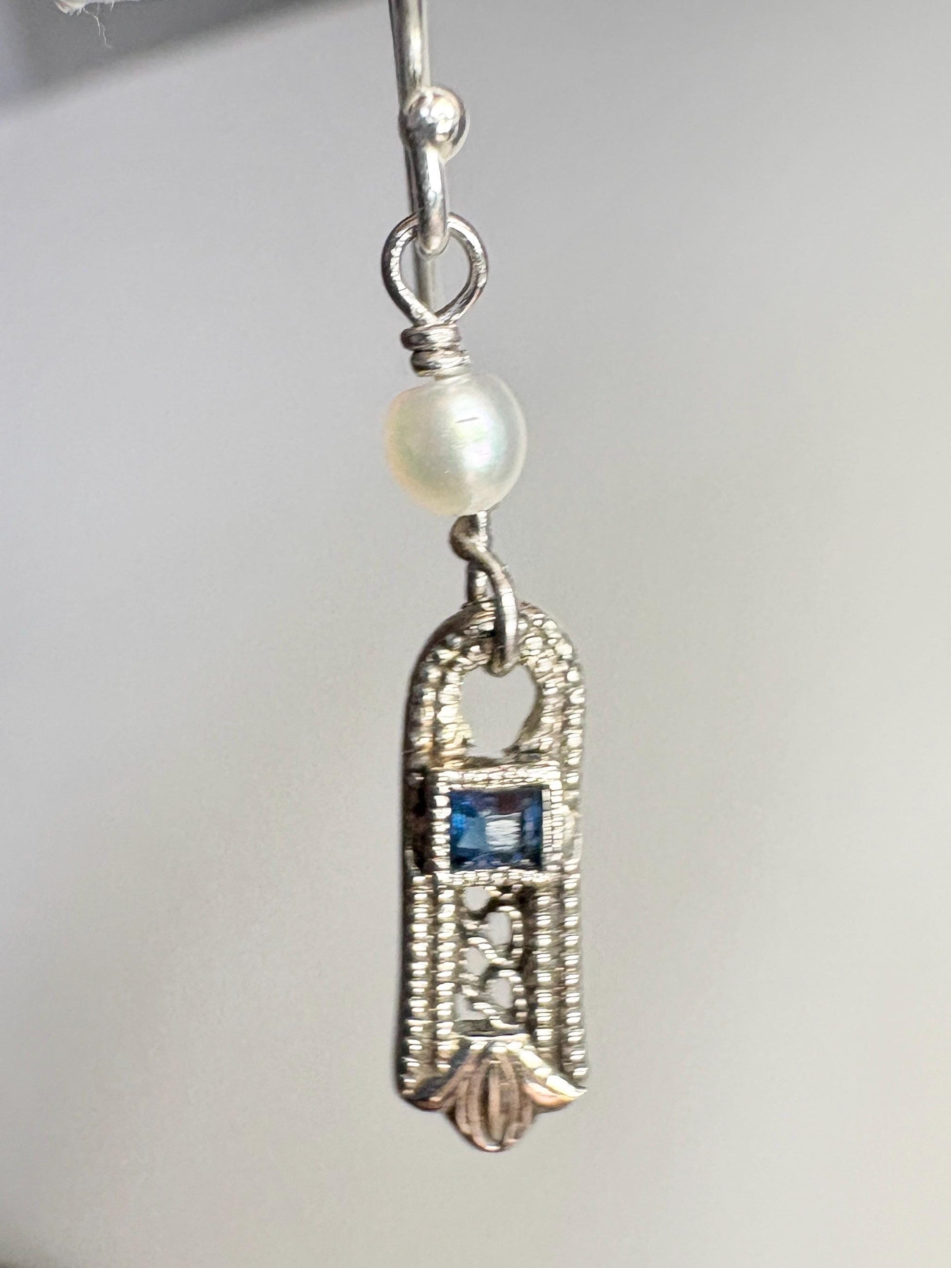 Antique Dangle Drop Earrings Blue Stone and Akoya Pearls in Solid 10k Gold with Sterling Silver - NewLifeJewelryVault