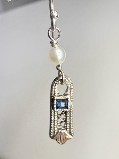 Antique Dangle Drop Earrings Blue Stone and Akoya Pearls in Solid 10k Gold with Sterling Silver - NewLifeJewelryVault