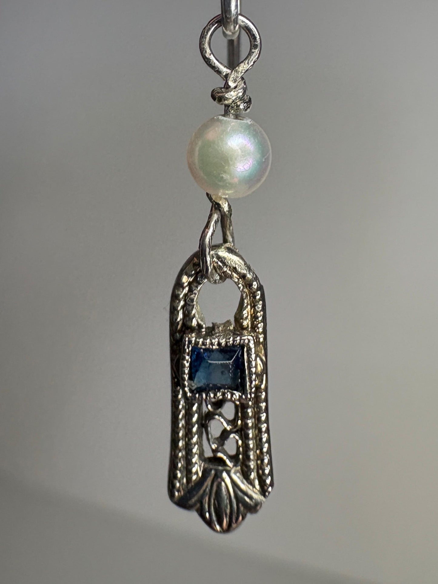 Antique Dangle Drop Earrings Blue Stone and Akoya Pearls in Solid 10k Gold with Sterling Silver - NewLifeJewelryVault