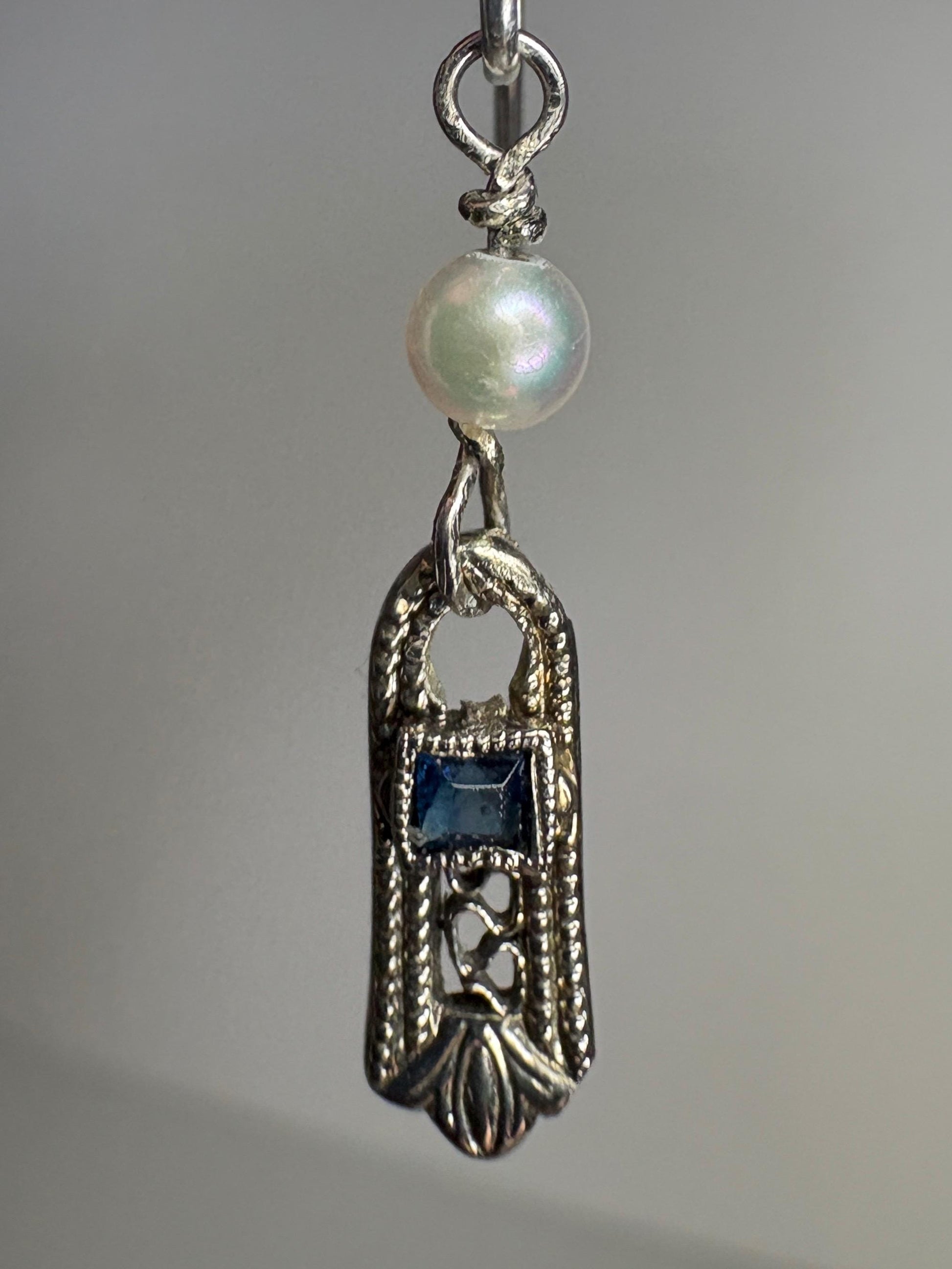 Antique Dangle Drop Earrings Blue Stone and Akoya Pearls in Solid 10k Gold with Sterling Silver - NewLifeJewelryVault