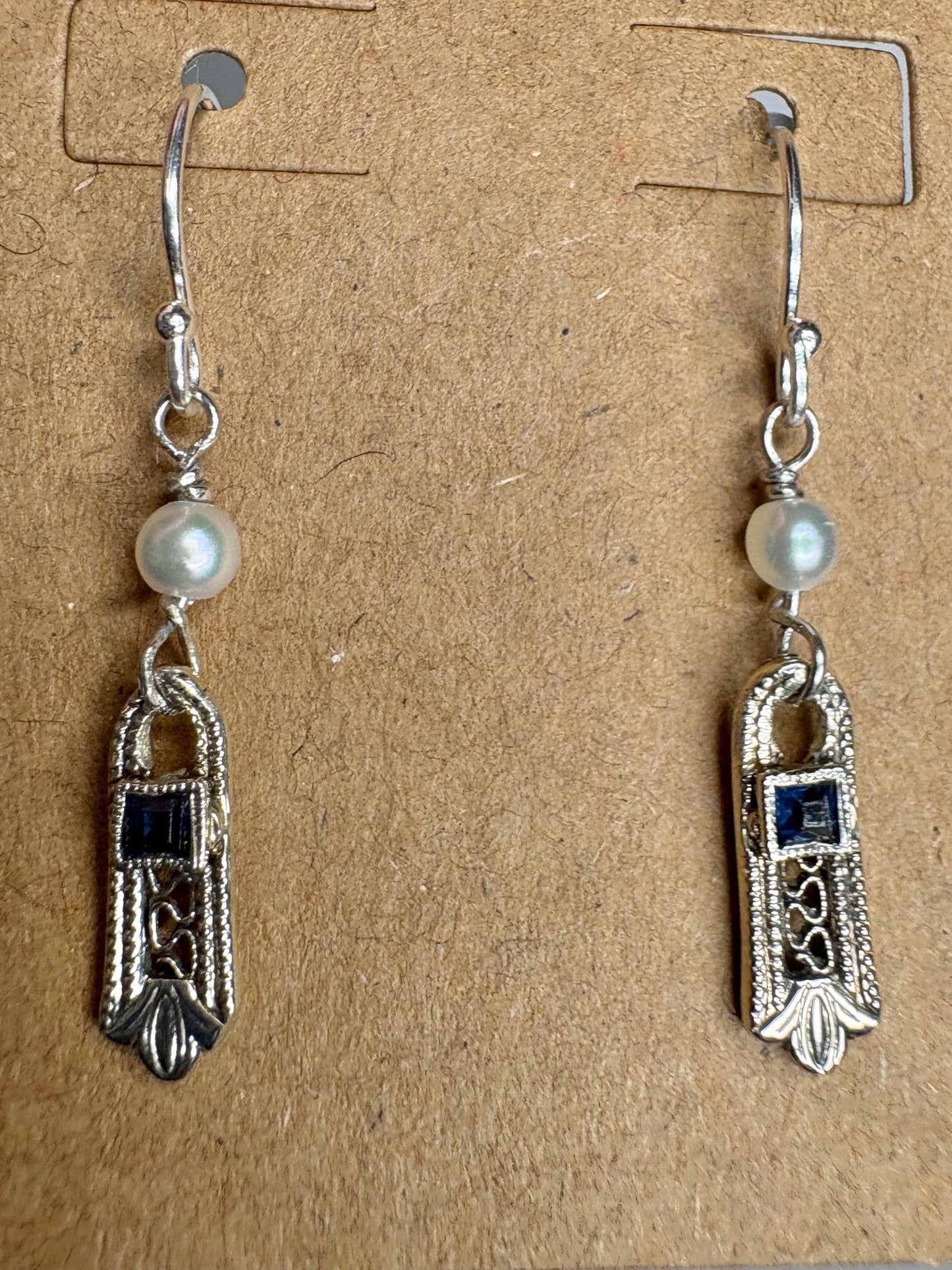 Antique Dangle Drop Earrings Blue Stone and Akoya Pearls in Solid 10k Gold with Sterling Silver - NewLifeJewelryVault