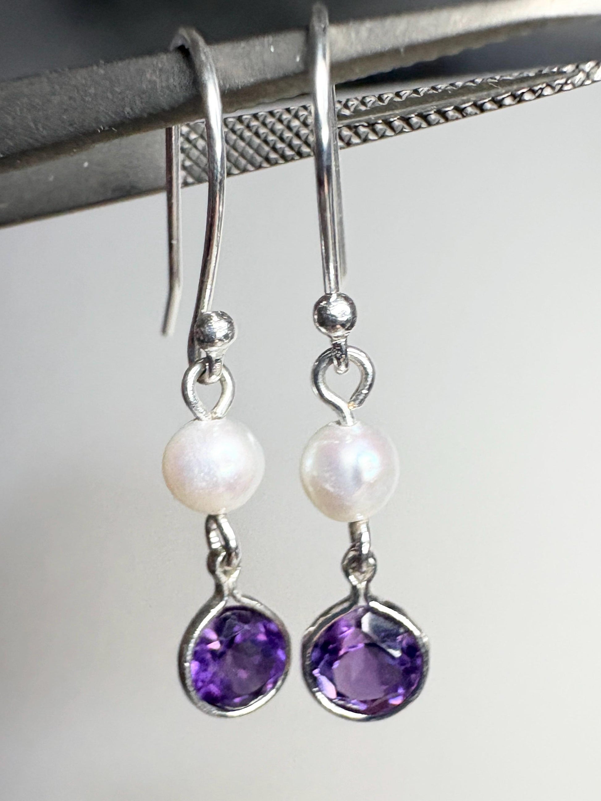 Amethyst and Freshwater Pearl Dangle Drop Earrings Sterling Silver - NewLifeJewelryVault