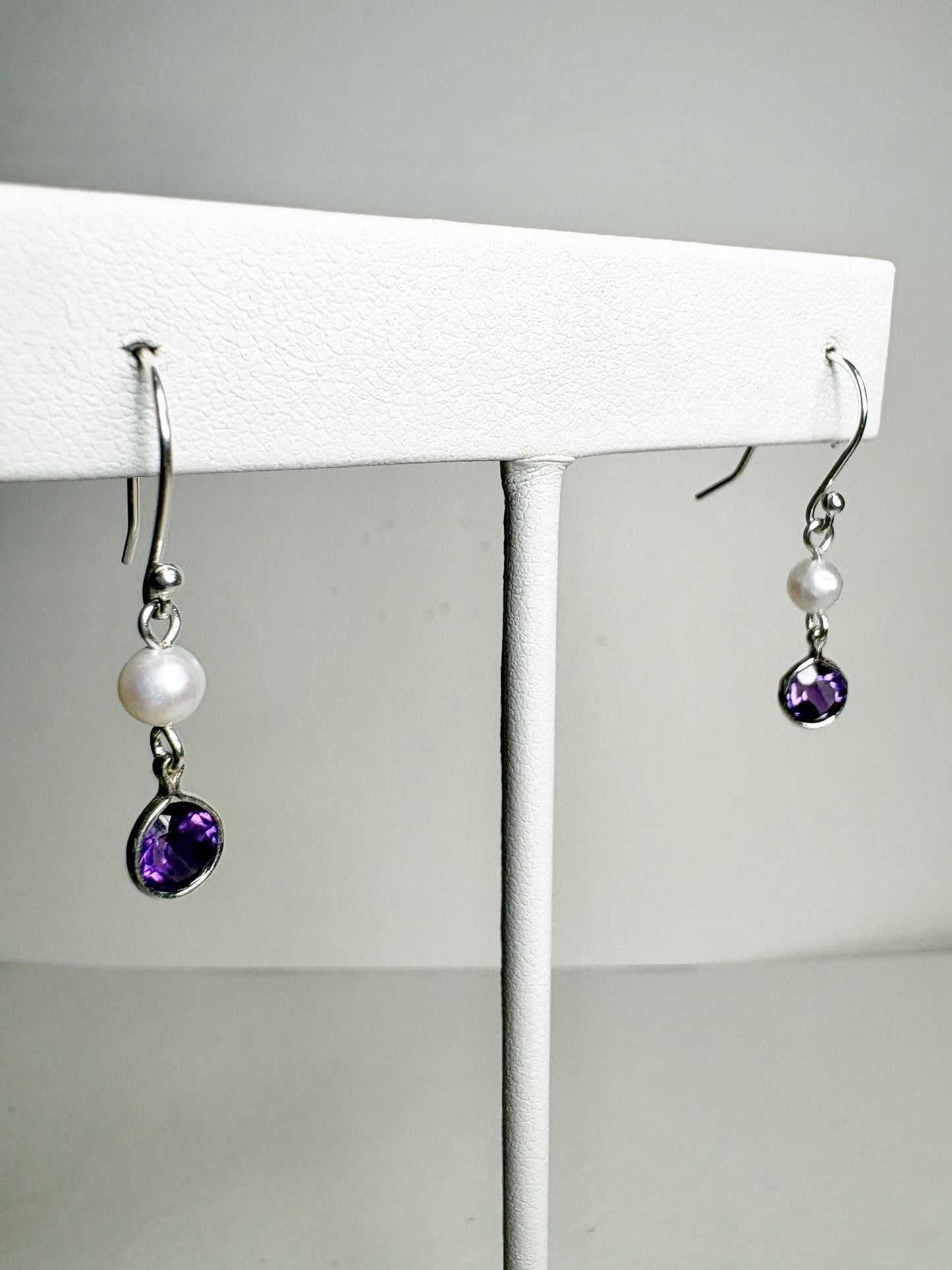 Amethyst and Freshwater Pearl Dangle Drop Earrings Sterling Silver - NewLifeJewelryVault