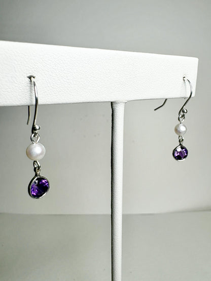 Amethyst and Freshwater Pearl Dangle Drop Earrings Sterling Silver - NewLifeJewelryVault