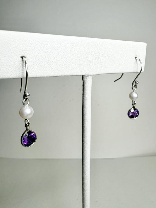 Amethyst and Freshwater Pearl Dangle Drop Earrings Sterling Silver - NewLifeJewelryVault
