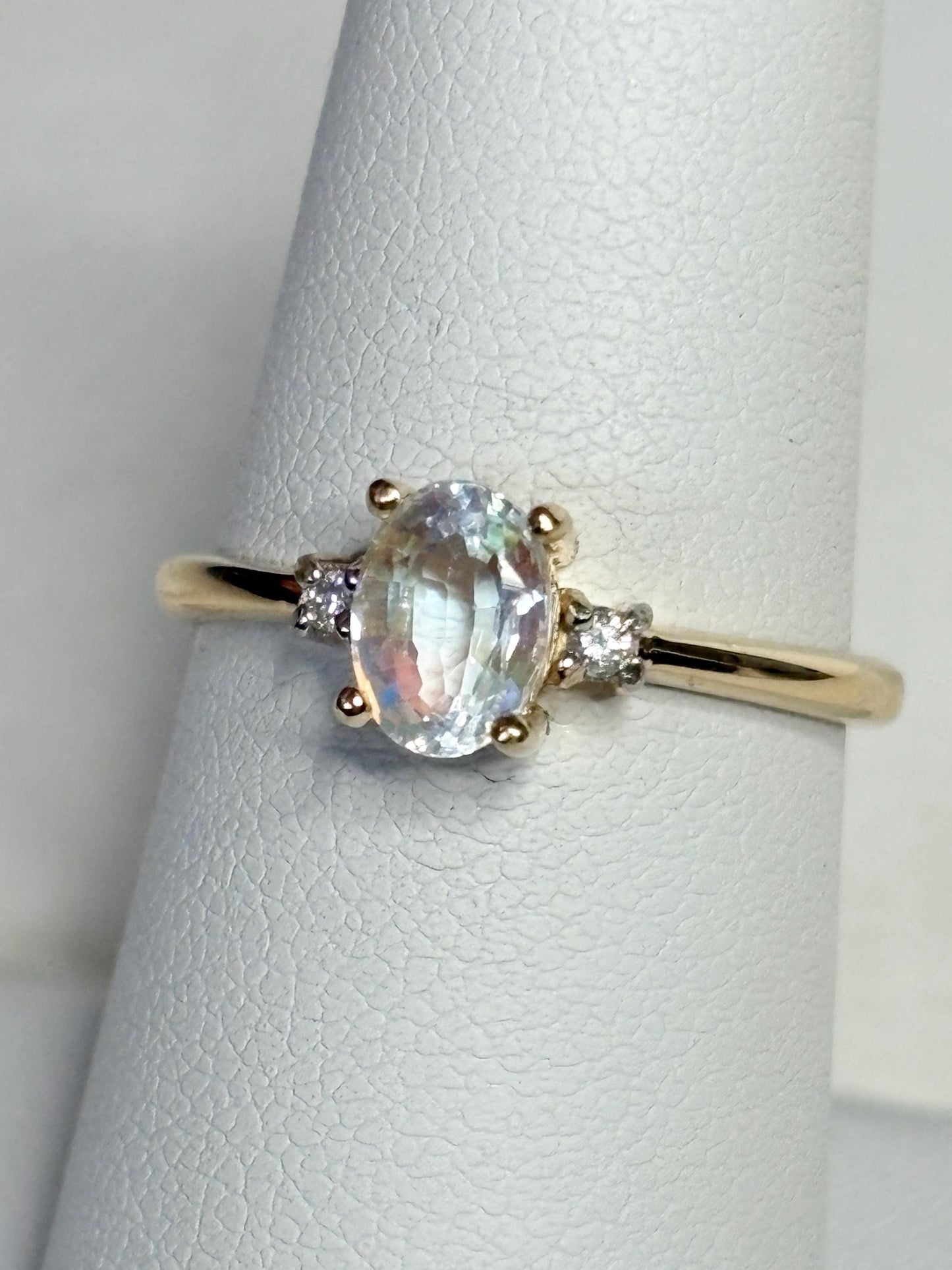 Madagascar Rainbow Moonstone and Diamond Ring 9k Gold size 7 - NewLifeJewelryVault