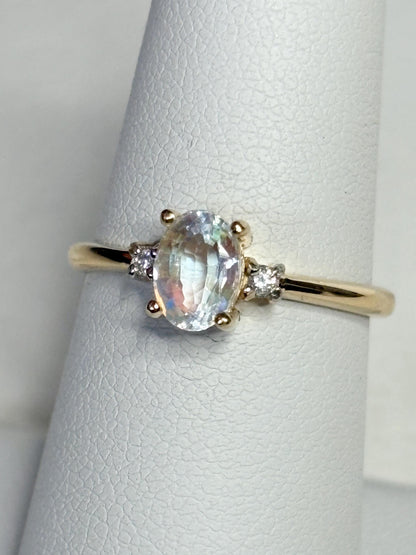 Madagascar Rainbow Moonstone and Diamond Ring 9k Gold size 7 - NewLifeJewelryVault