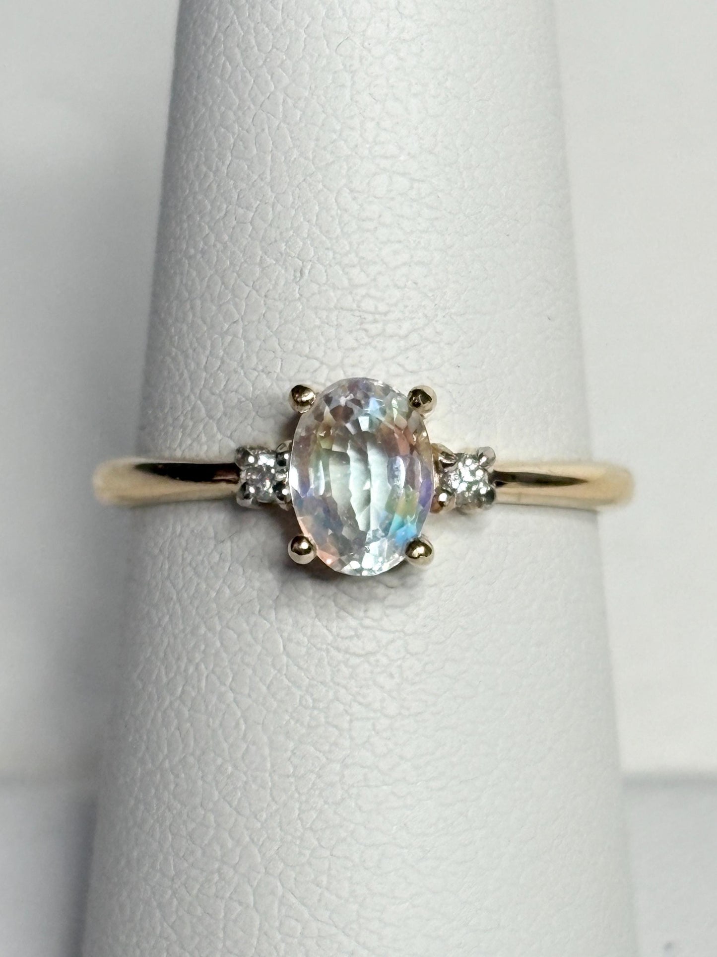Madagascar Rainbow Moonstone and Diamond Ring 9k Gold size 7 - NewLifeJewelryVault