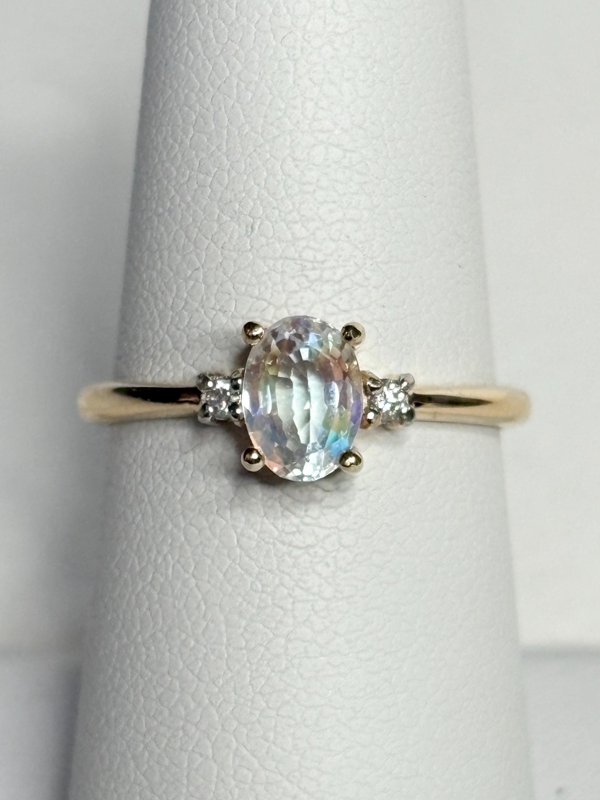 Madagascar Rainbow Moonstone and Diamond Ring 9k Gold size 7 - NewLifeJewelryVault