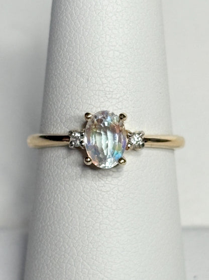 Madagascar Rainbow Moonstone and Diamond Ring 9k Gold size 7 - NewLifeJewelryVault