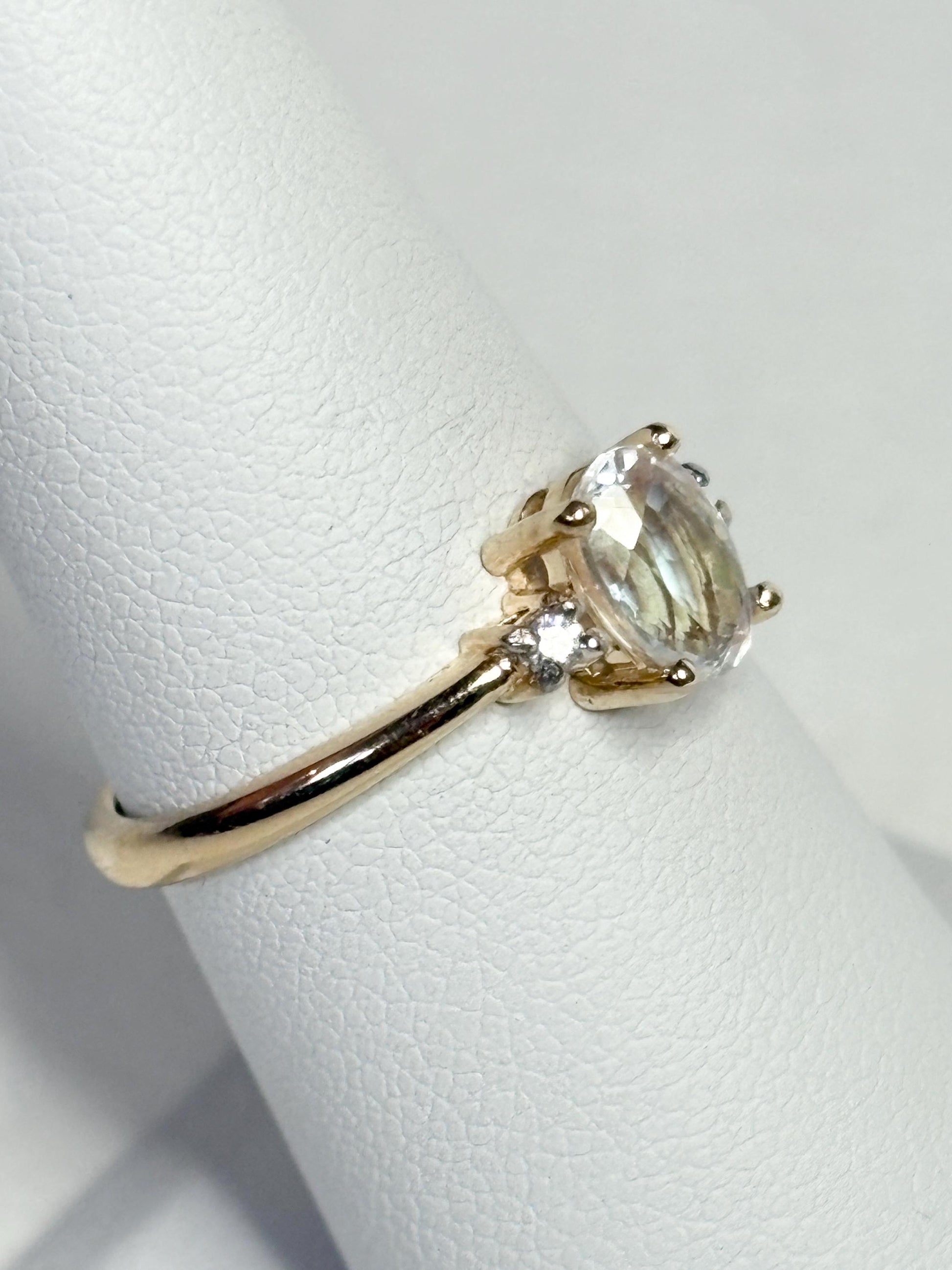 Madagascar Rainbow Moonstone and Diamond Ring 9k Gold size 7 - NewLifeJewelryVault
