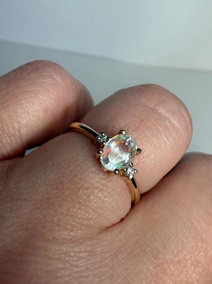 Madagascar Rainbow Moonstone and Diamond Ring 9k Gold size 7 - NewLifeJewelryVault
