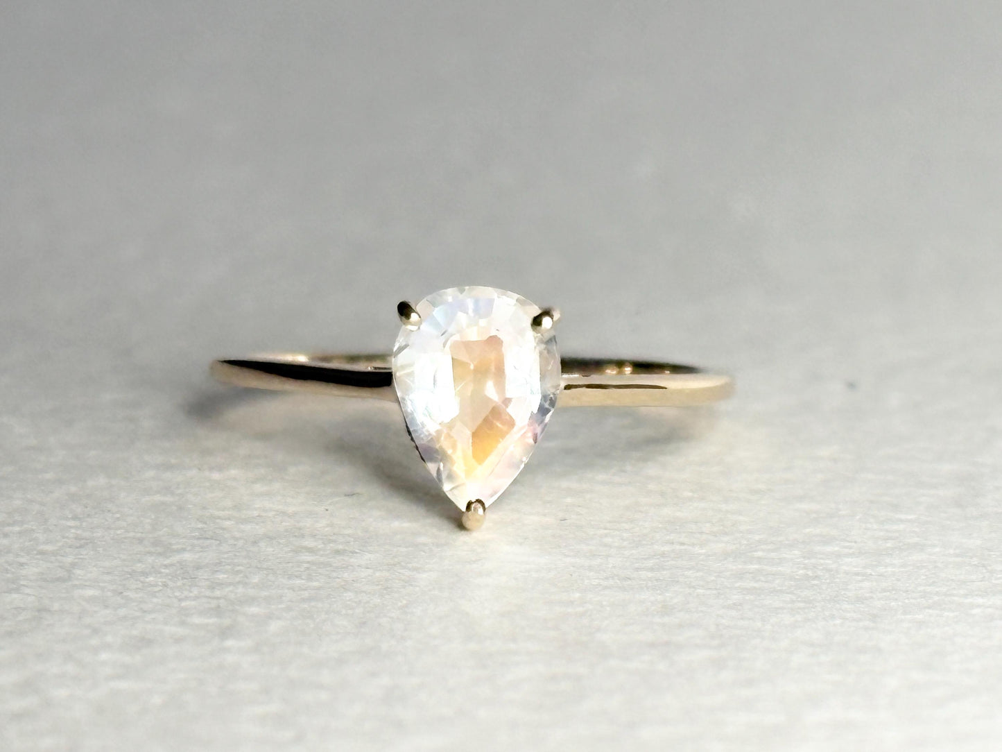 Madagascar Rainbow Moonstone Pear Solitaire Ring 9k Gold size 7 - NewLifeJewelryVault